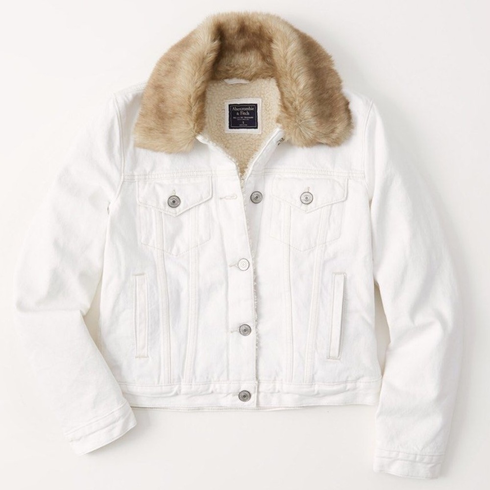 NWT Abercrombie Sherpa-lined White Denim Jacket with Detachable Faux Fur Collar